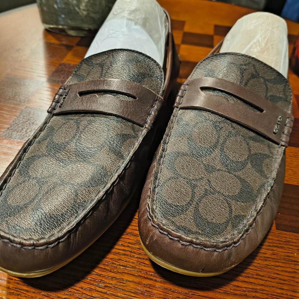 Coach Men’s Signature Canvas & Leather Penny Driver Loafers – Dark Brown – Size